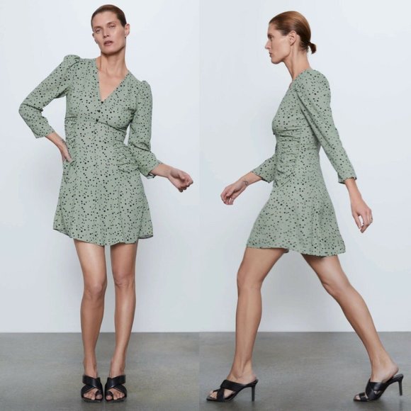 Zara Sage Green & Black Polka Dot Long sleeve Ruched V Neck Mini Dress S… - Picture 2 of 11